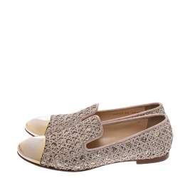 Pre Owned Giuseppe Zanotti Metallic Gold Coarse Glitter Metal Cap Toe Flats Size 38