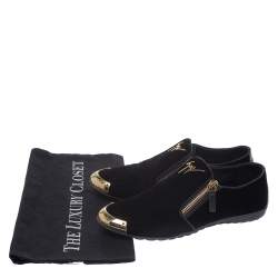 Pre Owned Giuseppe Zanotti Black Velvet Double Zip Metal Cap Toe Sneakers Size 36