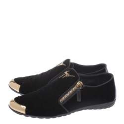 Pre Owned Giuseppe Zanotti Black Velvet Double Zip Metal Cap Toe Sneakers Size 36