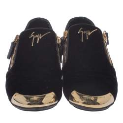 Pre Owned Giuseppe Zanotti Black Velvet Double Zip Metal Cap Toe Sneakers Size 36