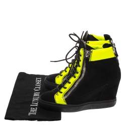 Pre Owned Giuseppe Zanotti Black Suede And Fluorescent Yellow Patent High Top Wedge Sneakers Size 37