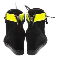 Pre Owned Giuseppe Zanotti Black Suede And Fluorescent Yellow Patent High Top Wedge Sneakers Size 37