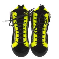 Pre Owned Giuseppe Zanotti Black Suede And Fluorescent Yellow Patent High Top Wedge Sneakers Size 37