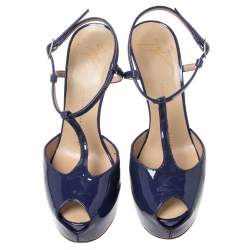 Pre Owned صندل جوسيبي زانوتي مقدمة مفتوحة جلد لامع بنفسجي سير حرف تي نعل سميك مقاس 37.5