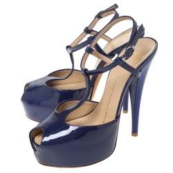 Pre Owned صندل جوسيبي زانوتي مقدمة مفتوحة جلد لامع بنفسجي سير حرف تي نعل سميك مقاس 37.5