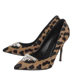 Pre Owned Giuseppe Zanotti  Brown Leopard Print Pony Hair Crystal Embellished  Pointed Toe Pumps Size 38