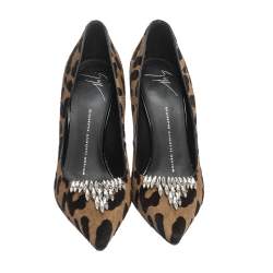 Pre Owned Giuseppe Zanotti  Brown Leopard Print Pony Hair Crystal Embellished  Pointed Toe Pumps Size 38
