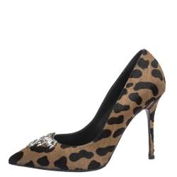 Pre Owned Giuseppe Zanotti  Brown Leopard Print Pony Hair Crystal Embellished  Pointed Toe Pumps Size 38