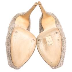 مملوكة مسبقًا Giuseppe Zanotti Silver/Beige Coarse Glitter Lace Sharon Peep Toe Platform Pumps Size 38.5