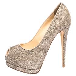 مملوكة مسبقًا Giuseppe Zanotti Silver/Beige Coarse Glitter Lace Sharon Peep Toe Platform Pumps Size 38.5