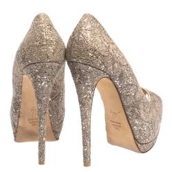 مملوكة مسبقًا Giuseppe Zanotti Silver/Beige Coarse Glitter Lace Sharon Peep Toe Platform Pumps Size 38.5