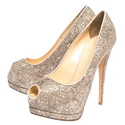 مملوكة مسبقًا Giuseppe Zanotti Silver/Beige Coarse Glitter Lace Sharon Peep Toe Platform Pumps Size 38.5