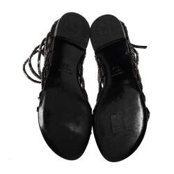 Pre Owned Giuseppe Zanotti For Balmain Black Satin Chain Embellished Strappy Flats Size 37.5