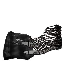 Pre Owned Giuseppe Zanotti For Balmain Black Satin Chain Embellished Strappy Flats Size 37.5