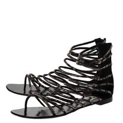 Pre Owned Giuseppe Zanotti For Balmain Black Satin Chain Embellished Strappy Flats Size 37.5
