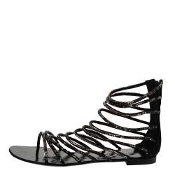 Pre Owned Giuseppe Zanotti For Balmain Black Satin Chain Embellished Strappy Flats Size 37.5