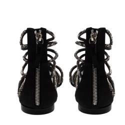 Pre Owned Giuseppe Zanotti For Balmain Black Satin Chain Embellished Strappy Flats Size 37.5