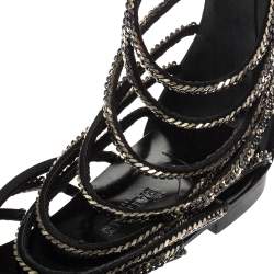 Pre Owned Giuseppe Zanotti For Balmain Black Satin Chain Embellished Strappy Flats Size 37.5