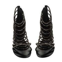 Pre Owned Giuseppe Zanotti For Balmain Black Satin Chain Embellished Strappy Flats Size 37.5