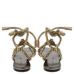 Pre Owned Giuseppe Zanotti Gold Woven Leather Crystal Embellished Ankle Wrap Flats Size 38