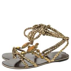 Pre Owned Giuseppe Zanotti Gold Woven Leather Crystal Embellished Ankle Wrap Flats Size 38