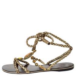 Pre Owned Giuseppe Zanotti Gold Woven Leather Crystal Embellished Ankle Wrap Flats Size 38