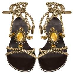 Pre Owned Giuseppe Zanotti Gold Woven Leather Crystal Embellished Ankle Wrap Flats Size 38