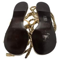 Pre Owned Giuseppe Zanotti Gold Woven Leather Crystal Embellished Ankle Wrap Flats Size 38