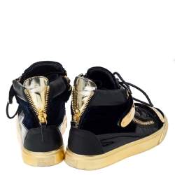 Pre Owned Giuseppe Zanotti Blue/Gold Velvet and Leather Coby High Top Sneakers Size 37