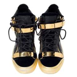 Pre Owned Giuseppe Zanotti Blue/Gold Velvet and Leather Coby High Top Sneakers Size 37