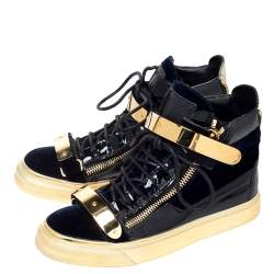 Pre Owned Giuseppe Zanotti Blue/Gold Velvet and Leather Coby High Top Sneakers Size 37