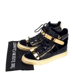 Pre Owned Giuseppe Zanotti Blue/Gold Velvet and Leather Coby High Top Sneakers Size 37
