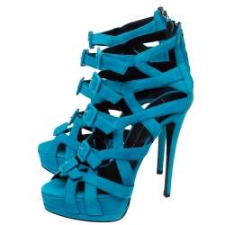 مملوكة مسبقًا صندل جوسيبي زانوتي مزين بإبزيم و نعل سميك و طراز قفصي سويدي أزرق مقاس 38.5