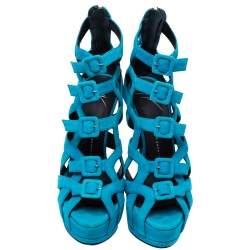 مملوكة مسبقًا صندل جوسيبي زانوتي مزين بإبزيم و نعل سميك و طراز قفصي سويدي أزرق مقاس 38.5