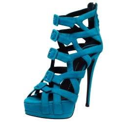 مملوكة مسبقًا صندل جوسيبي زانوتي مزين بإبزيم و نعل سميك و طراز قفصي سويدي أزرق مقاس 38.5