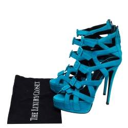 مملوكة مسبقًا صندل جوسيبي زانوتي مزين بإبزيم و نعل سميك و طراز قفصي سويدي أزرق مقاس 38.5