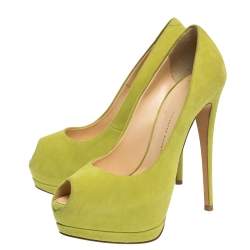 Pre Owned  Giuseppe Zanotti Lime Green Suede Sharon Peep Toe Platform Pumps Size 38.5