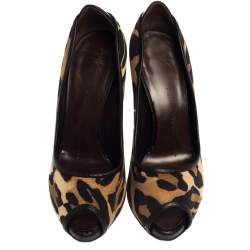 مملوكة مسبقًا حذاء كعب عالي جوسيبي زانوتي مقدمة مفتوحة كانفاس مطبوع نقشة الفهد مقاس 36.5