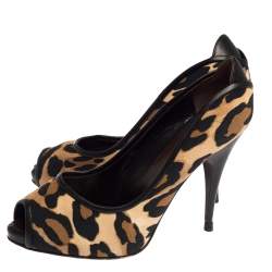 مملوكة مسبقًا حذاء كعب عالي جوسيبي زانوتي مقدمة مفتوحة كانفاس مطبوع نقشة الفهد مقاس 36.5