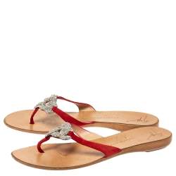 Pre Owned Giuseppe Zanotti Red Suede Crystal Embellished Thong Flats Size 38