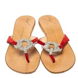 Pre Owned Giuseppe Zanotti Red Suede Crystal Embellished Thong Flats Size 38