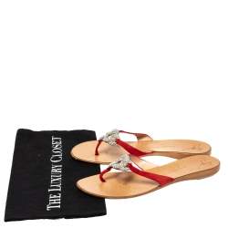 Pre Owned Giuseppe Zanotti Red Suede Crystal Embellished Thong Flats Size 38