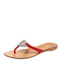 Pre Owned Giuseppe Zanotti Red Suede Crystal Embellished Thong Flats Size 38