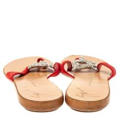 Pre Owned Giuseppe Zanotti Red Suede Crystal Embellished Thong Flats Size 38