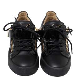 Pre Owned Giuseppe Zanotti Black Patent Leather Double Zipper Low Top Sneakers Size 35.5