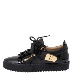 Pre Owned Giuseppe Zanotti Black Patent Leather Double Zipper Low Top Sneakers Size 35.5