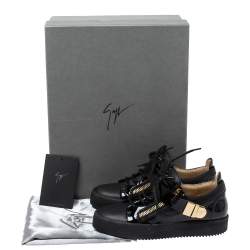 Pre Owned Giuseppe Zanotti Black Patent Leather Double Zipper Low Top Sneakers Size 35.5