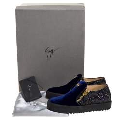 Pre Owned Giuseppe Zanotti Blue Velvet And Glitter Double Zipper Low Top Sneakers Size 35