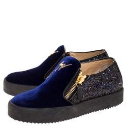 Pre Owned Giuseppe Zanotti Blue Velvet And Glitter Double Zipper Low Top Sneakers Size 35