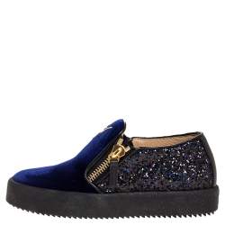 Pre Owned Giuseppe Zanotti Blue Velvet And Glitter Double Zipper Low Top Sneakers Size 35